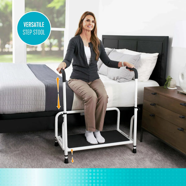 Adjustable Safety Step Stool with Support Handle – Heavy Duty 500 lbs Capacity Bed & Reach Step Platform with Anti-Slip Surface, Motion-Activated LED Light & Storage Pouch