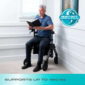 Wonder Rollator HD Heavy Duty Bariatric Walker with Seat, Foldable Mobility Aid, 450 lb Capacity, Adjustable Handles, 8-Inch Wheels, Storage Basket & Organizer Pouch