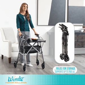 Wonder Indoor Rollator Walker with Removable Tray Table, Basket & Hand Brakes – Lightweight Folding Mobility Aid with 6” Wheels, Adjustable Height 33”–36”, 250 lbs Weight Capacity, Compact Storage Design
