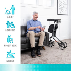 Let's Move Lightweight Aluminum Rollator Walker with Seat – 350 lbs Capacity, 8” Wheels, Adjustable Handles (30.5”–36.5”), Foldable Mobility Walker with Storage Bag, Fully Assembled