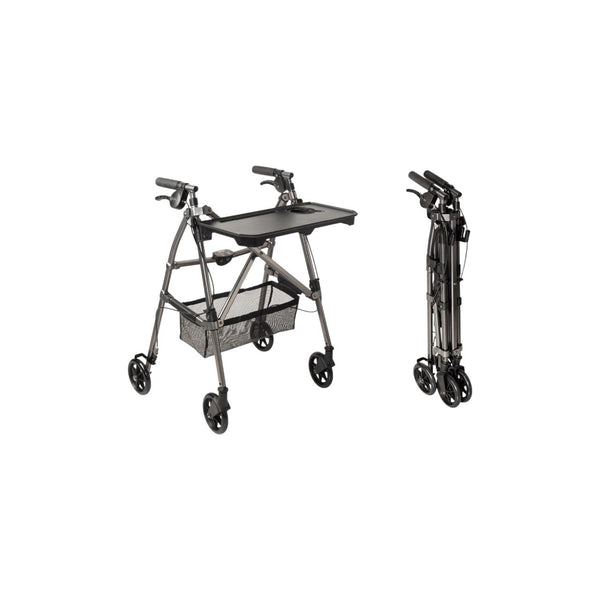 Wonder Indoor Rollator Walker with Removable Tray Table, Basket & Hand Brakes – Lightweight Folding Mobility Aid with 6” Wheels, Adjustable Height 33”–36”, 250 lbs Weight Capacity, Compact Storage Design