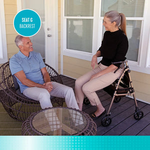 Elite Travel Compact Folding Rollator Walker with Seat and Backrest, Ultra-Lightweight Mobility Aid with 6” Wheels, Locking Brakes, Storage Basket and Pouch – Supports up to 250 lbs