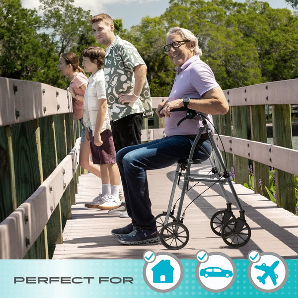 Wonder Rollator Plus Folding Mobility Walker with 8” All-Terrain Wheels, Lightweight 15 lbs Aluminum Frame, Built-in Seat, Backrest & Storage Basket, 250 lbs Capacity, Compact Travel Rollator