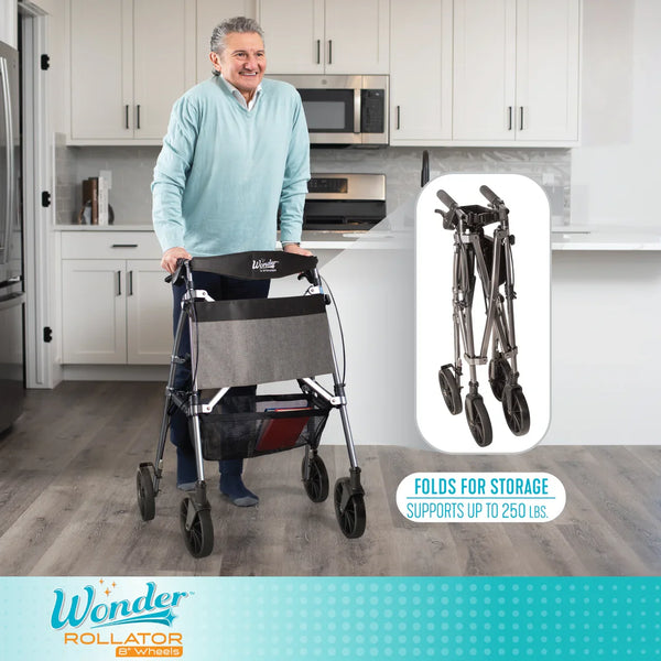 Wonder Rollator Plus Folding Mobility Walker with 8” All-Terrain Wheels, Lightweight 15 lbs Aluminum Frame, Built-in Seat, Backrest & Storage Basket, 250 lbs Capacity, Compact Travel Rollator